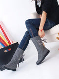 Casual Big Size Pure Color Lace Up Mid Calf Flat Knight Boots