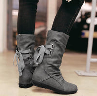 Casual Big Size Pure Color Lace Up Mid Calf Flat Knight Boots