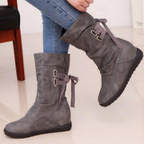 Casual Big Size Pure Color Lace Up Mid Calf Flat Knight Boots