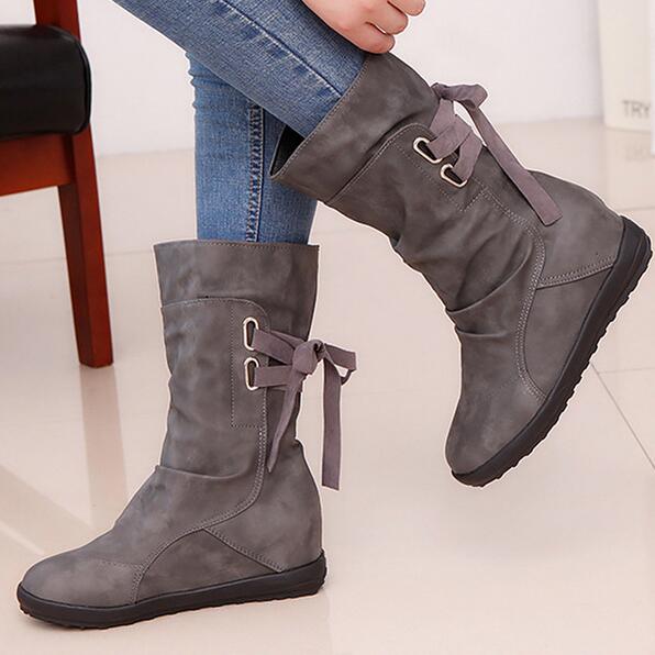 Casual Big Size Pure Color Lace Up Mid Calf Flat Knight Boots