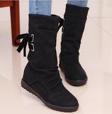 Casual Big Size Pure Color Lace Up Mid Calf Flat Knight Boots