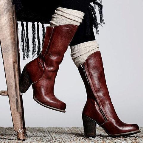 Women's Shoes - Vintage Fashion Zipper Leather Heel Boots