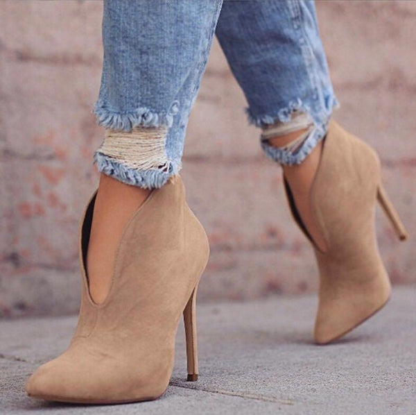 Autumn Pointed Toe V Shape Cut Suede Pumps