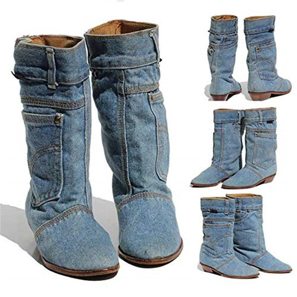 Women's Shoes - Fashion Fall Winter New Slip On Denim Boots