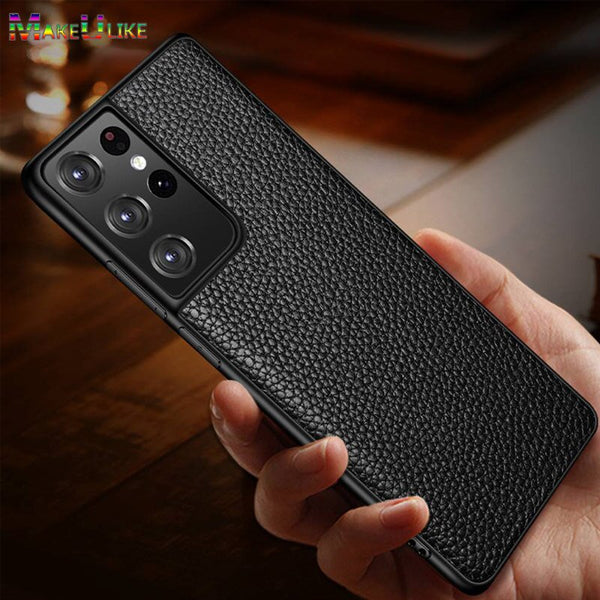 Genuine Leather Luxury Lychee Grain Phone Case for Samsung S21Plus S21Ultra Cover